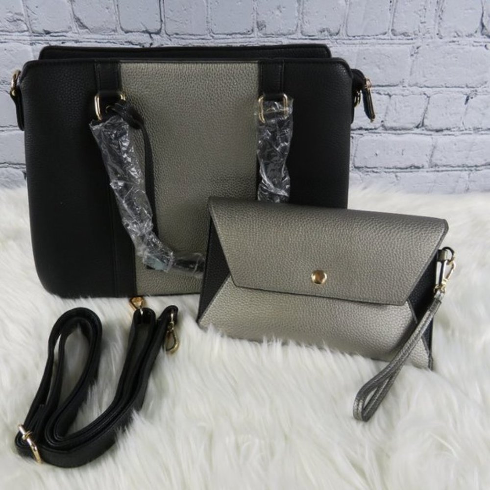 Women's Black & Gold Color Block Purse Set